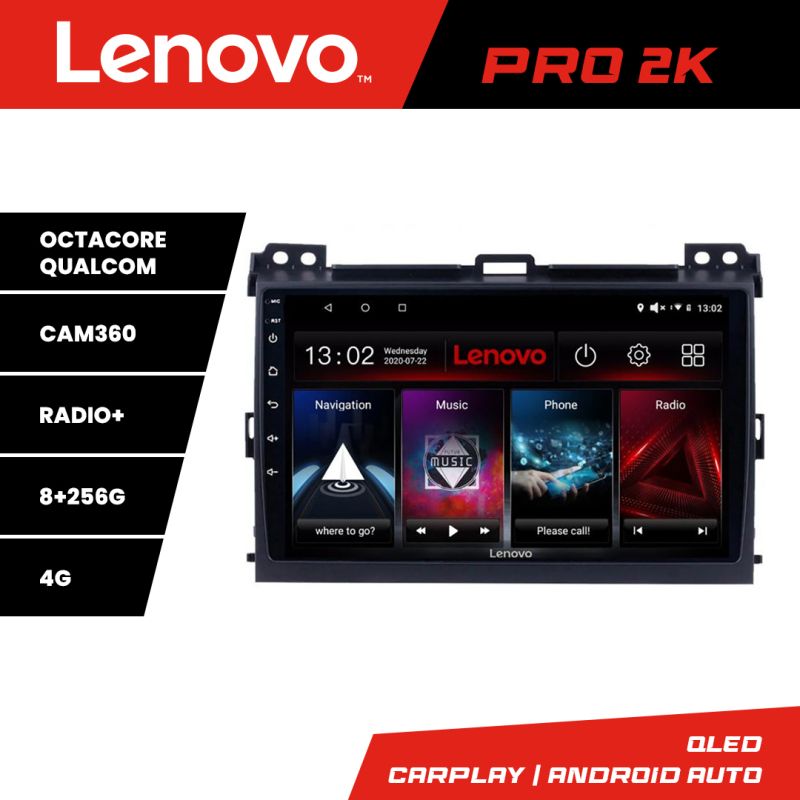 Navigatie Toyota Prado 2007- Lenovo Kit-456 8 core QLED 2K 8+256 360 Android Waze USB Navigatie Internet Youtube Radio