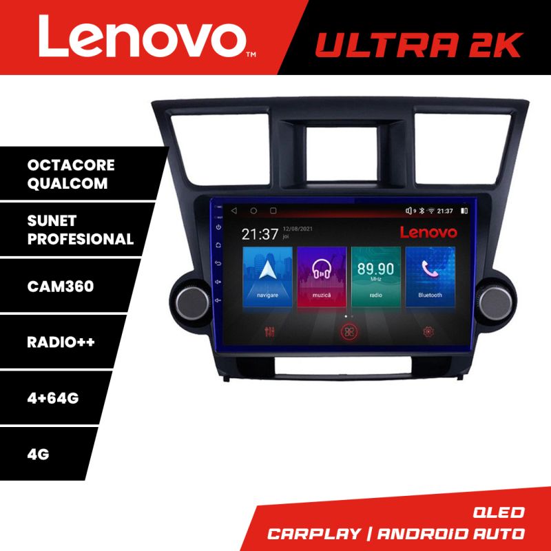 Navigatie Toyota Highlander 2007-2013 Android radio gps internet 8 core QLED Qualcomm 4+64 360 Lenovo